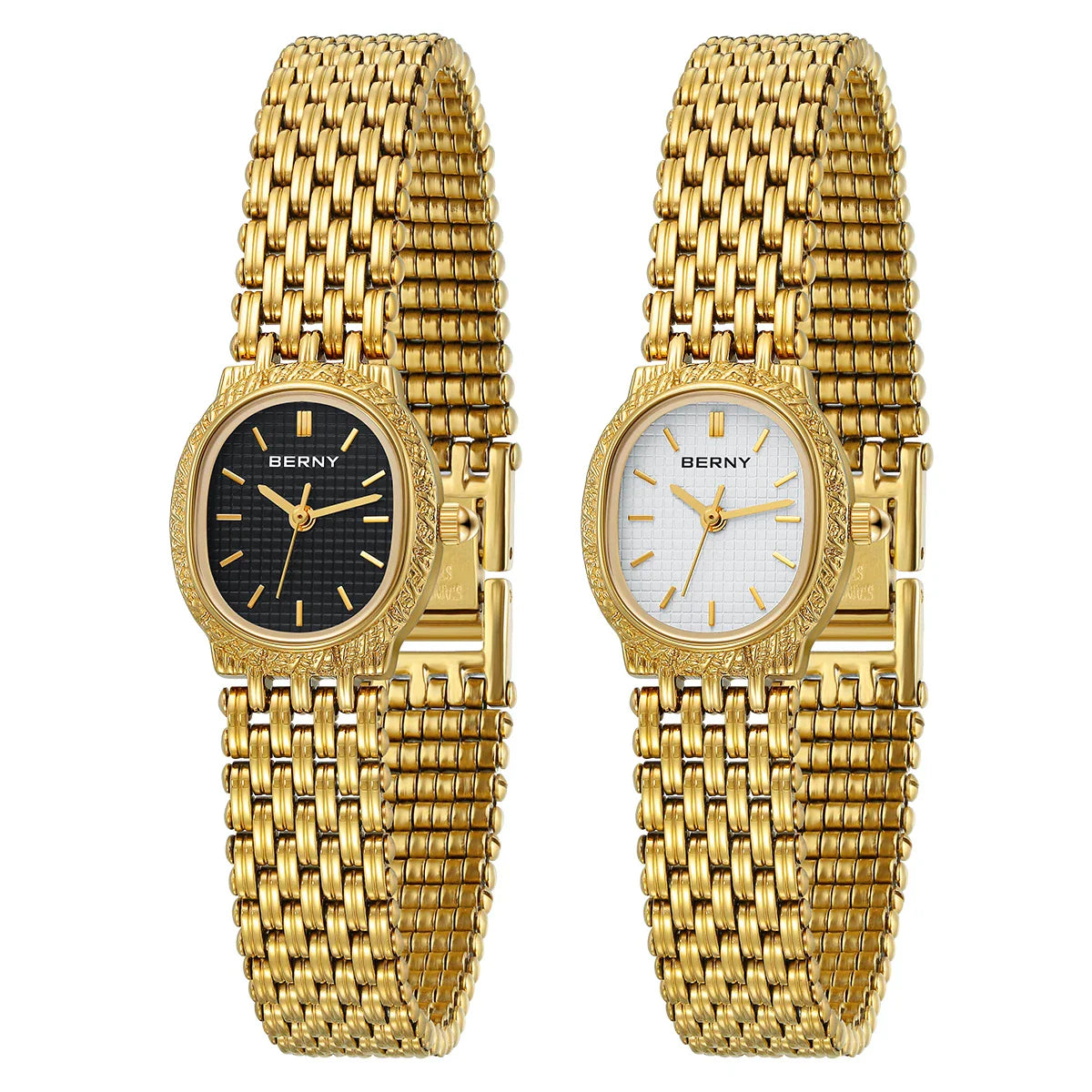 BERNY Orologio al quarzo da donna Cinturino in acciaio inossidabile dorato Orologio da polso ellittico di lusso Orologio da donna semplice retrò impermeabile