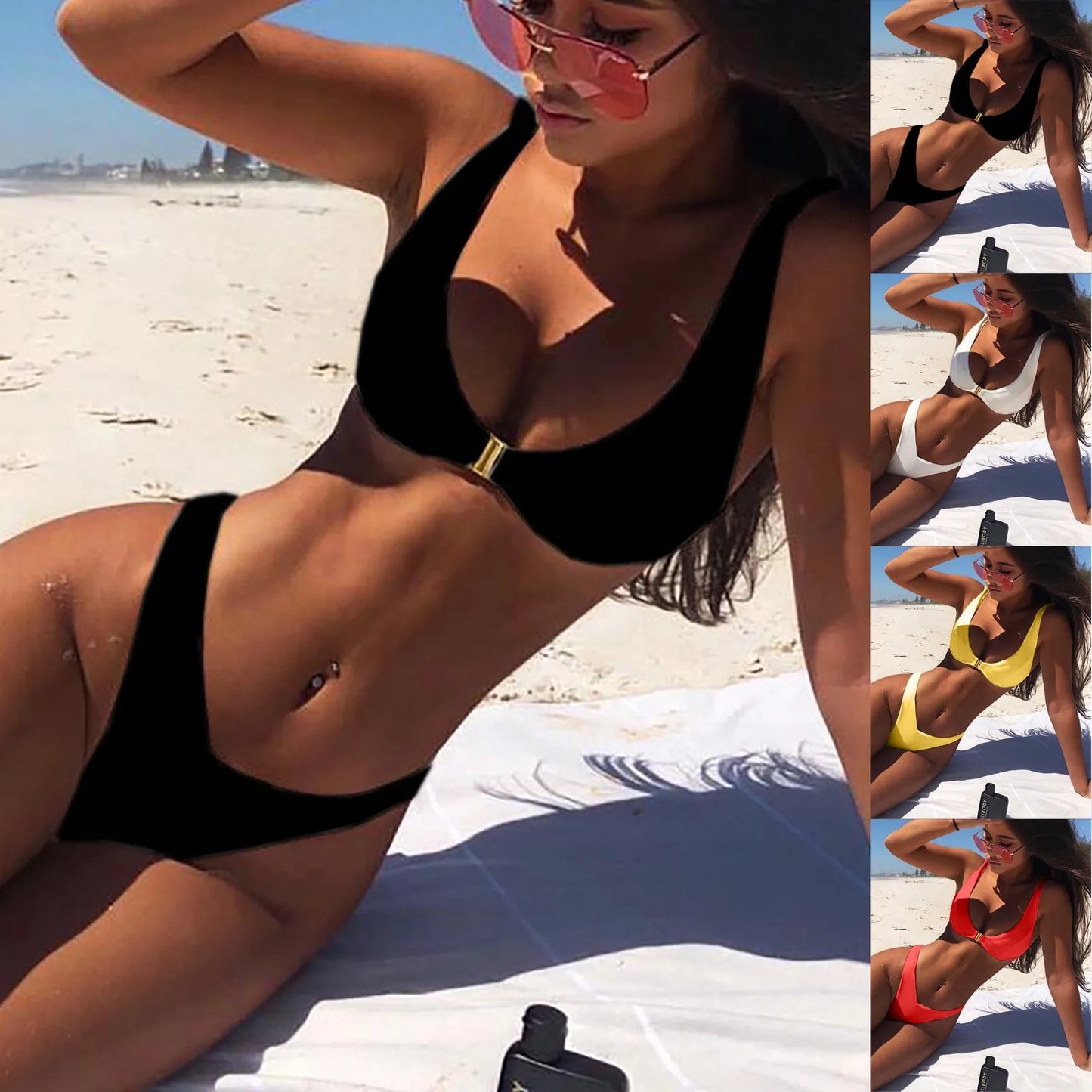 Muslimmuslimlim's Sexy muslimah Fashion tinta unita costumi da bagno donna vita alta Gold Lock Bikini Sexy Beachwear costume da bagno