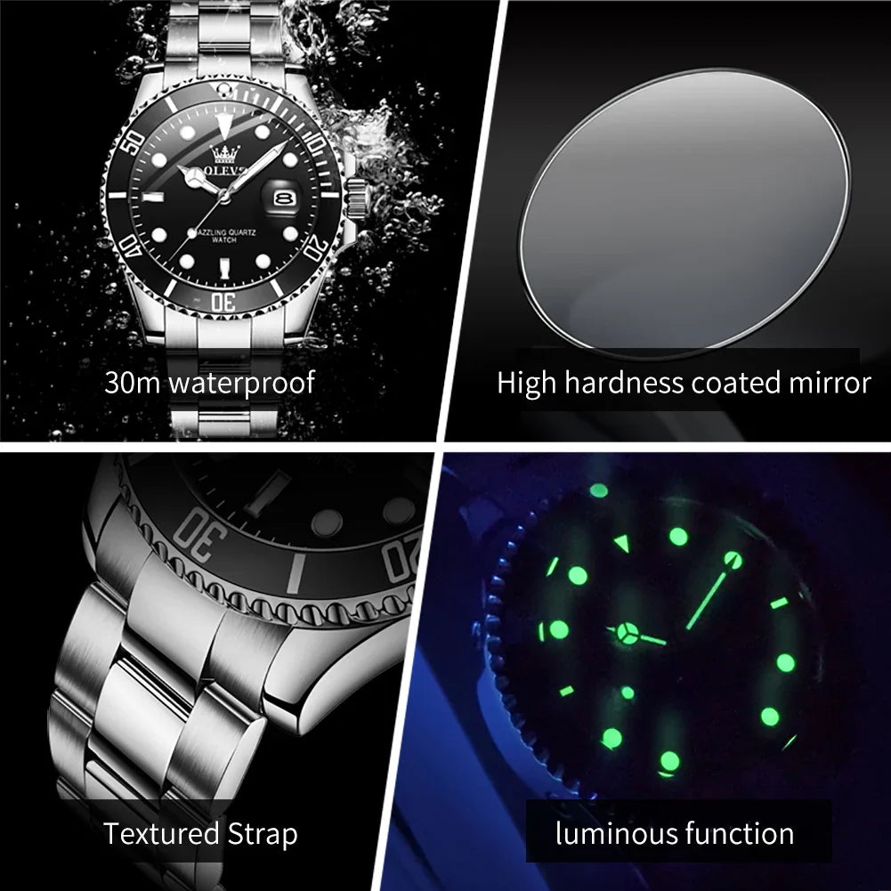 OLEVS Orologi da uomo Trend Luxury Cinturino in acciaio pregiato Grande data Orologio da polso al quarzo di marca originale per uomo Impermeabile luminoso 5885 Nuovo