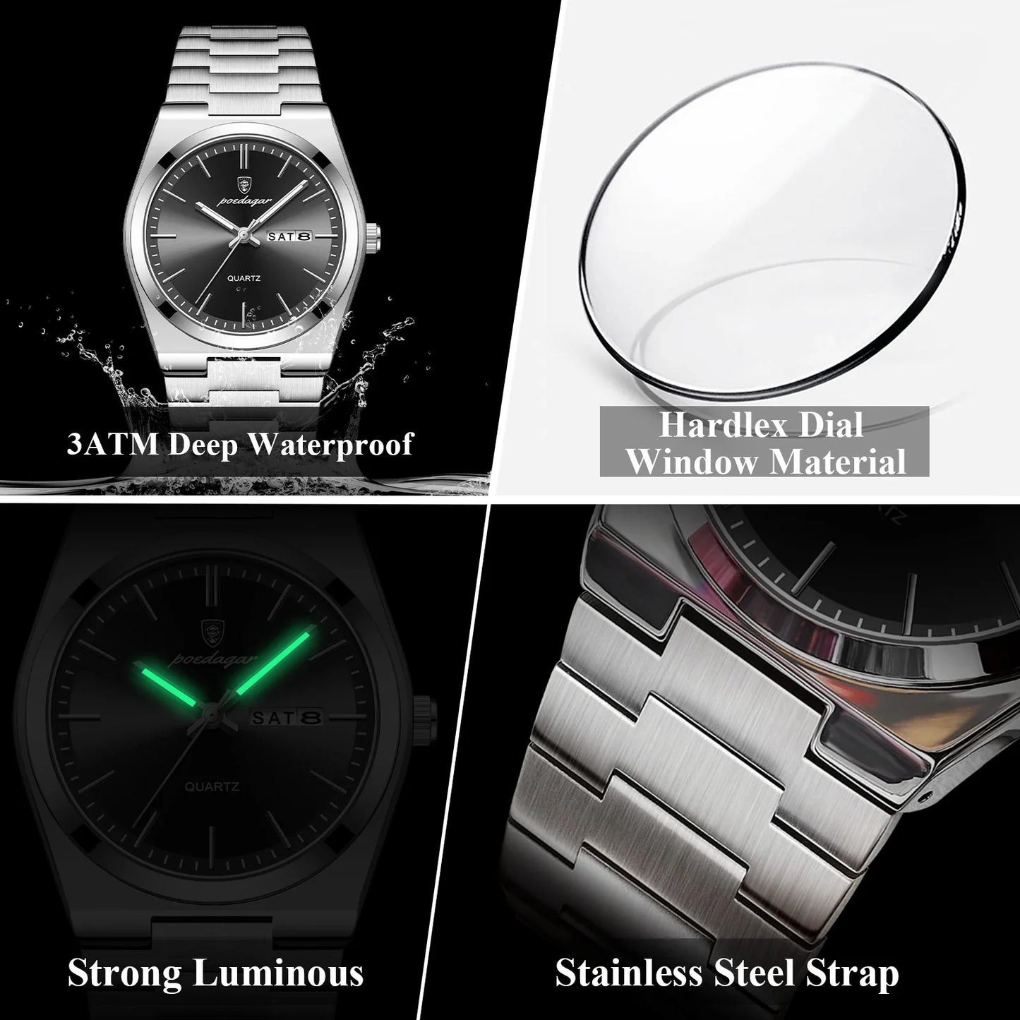 POEDAGAR Orologio da polso al quarzo da uomo di lusso Impermeabile luminoso Data Settimana Orologio da uomo Orologi da uomo d'affari in acciaio inossidabile
