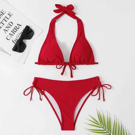 Costume da bagno bikini sexy con laccetti al collo a vita bassa nero/rosso/rosa, due pezzi, stile brasiliano, in saldo