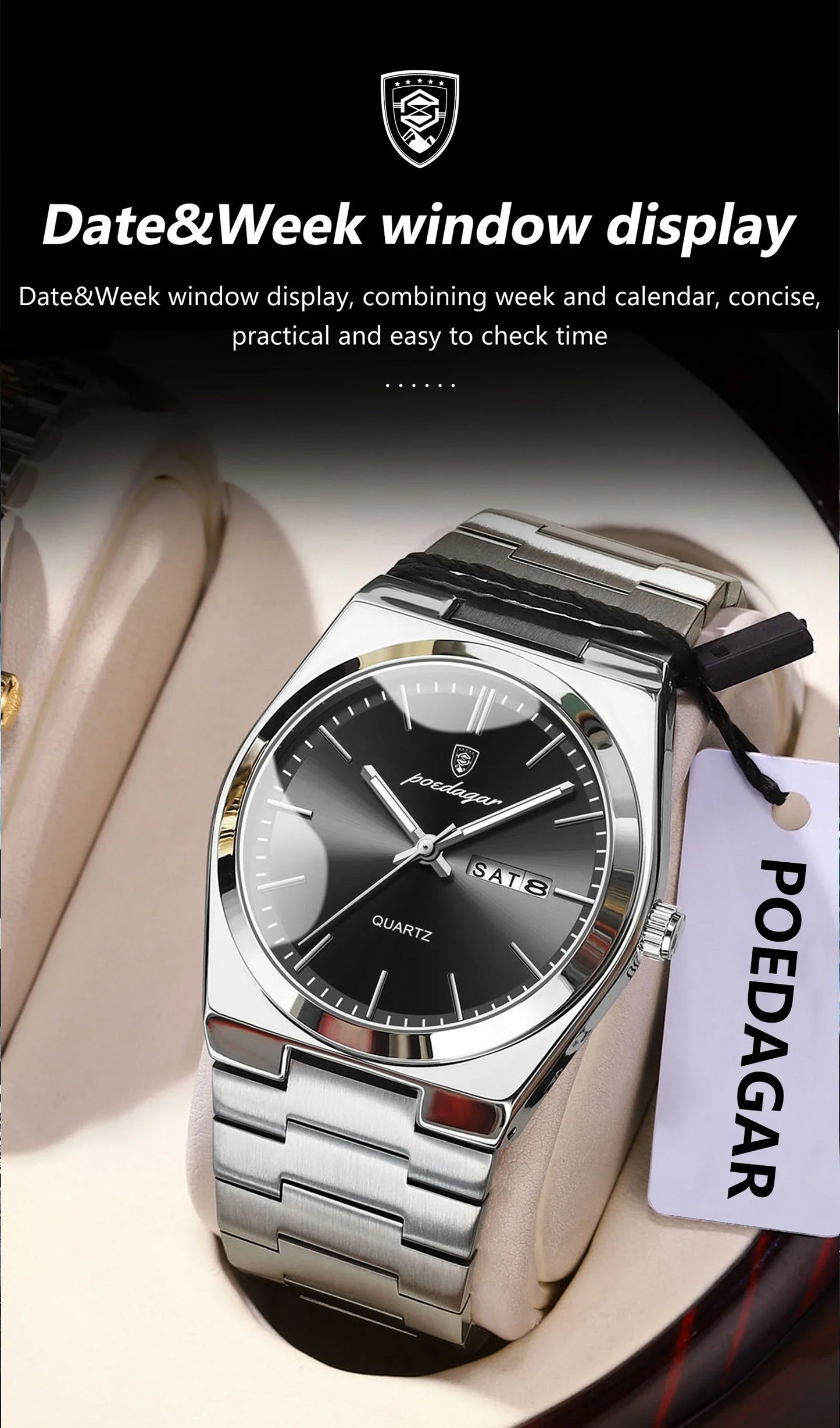 POEDAGAR Orologio da polso al quarzo da uomo di lusso Impermeabile luminoso Data Settimana Orologio da uomo Orologi da uomo d'affari in acciaio inossidabile