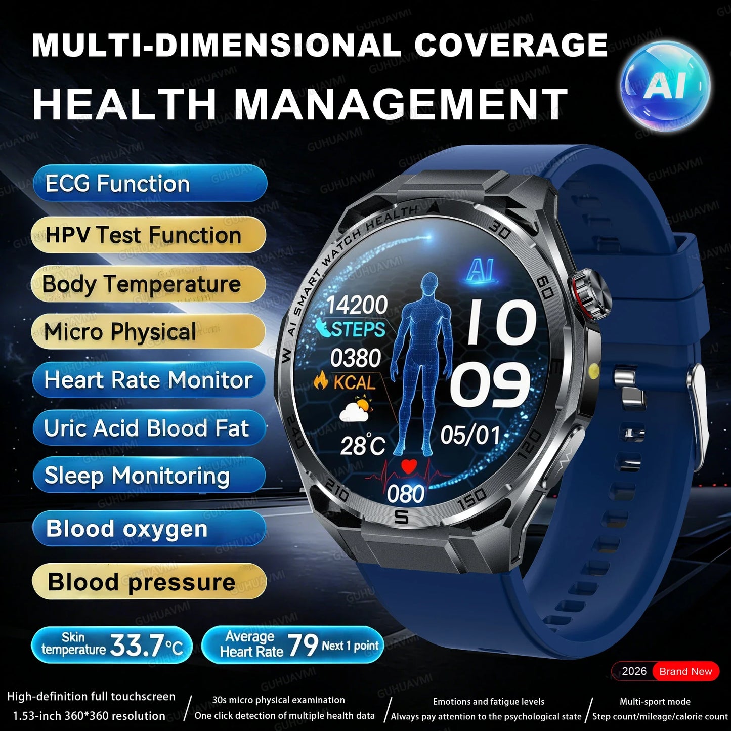 Nuovo Smartwatch 2026 con Analisi del Grasso Corporeo ECG+PPG, Acido Urico, Pressione Sanguigna, Ossigeno nel Sangue, Chiamate Bluetooth, Orologio Sportivo Intelligente per Uomini e Donne