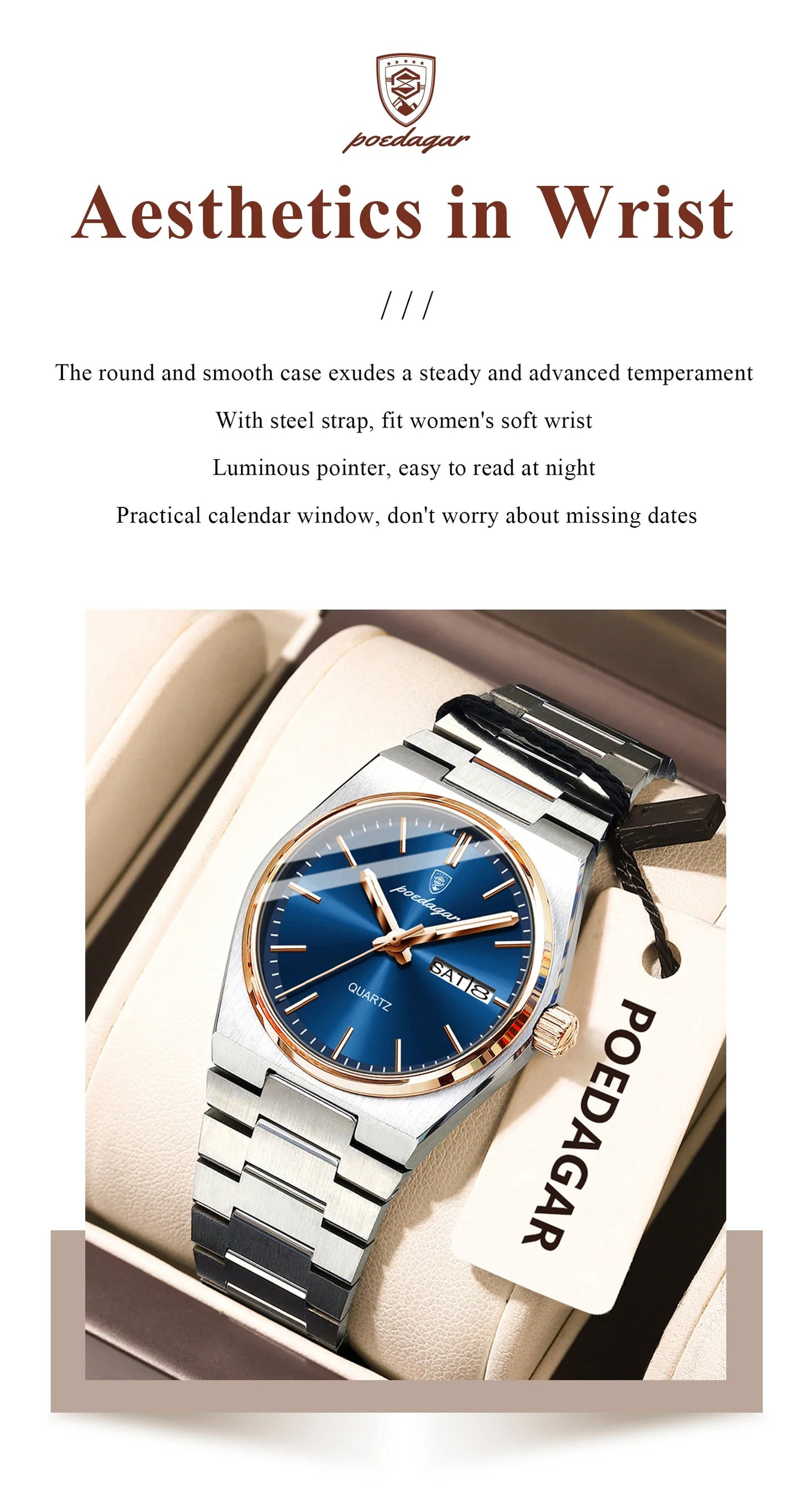 POEDAGAR Orologio da donna alla moda Orologio da polso da donna di lusso luminoso impermeabile in acciaio inossidabile Data settimana Orologi al quarzo da donna Reloj