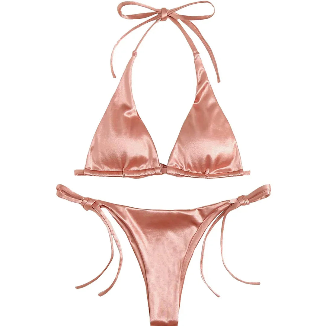 Sexy 13 colori Halter Satin Bikini brasiliano Donna Costumi da bagno Costume da bagno femminile Bikini a due pezzi Bagnante Costume da bagno Swim V4966