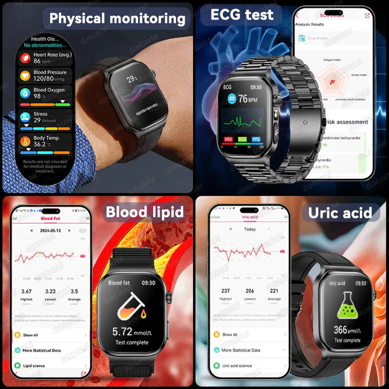 2026 Nuovo Misurazione Accurata Salute Smart Watch ECG + PPG Acido Urico Pressione Sanguigna Lipidi Nel Sangue Chiamata BT Smartwatch Per Le Donne Degli Uomini