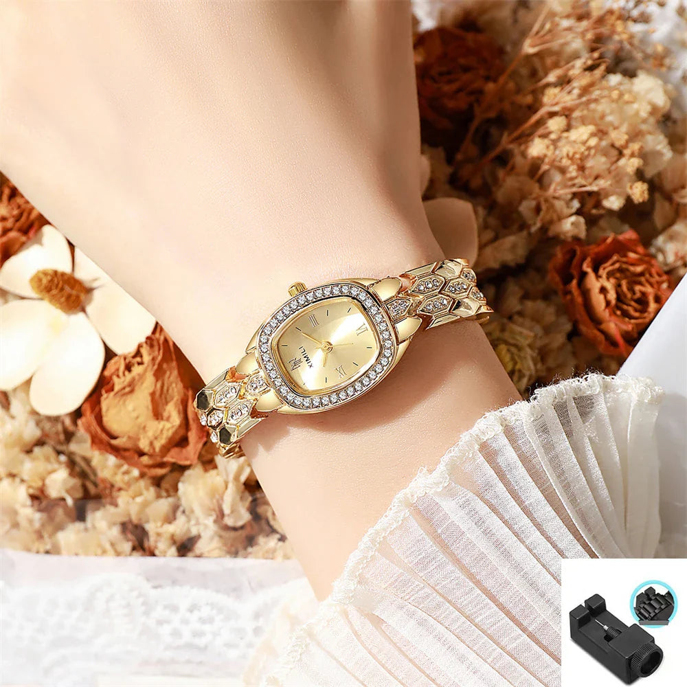 Orologio al quarzo moda donna placcato oro di lusso Semplice cinturino con fibbia di qualità per orologio da lavoro in acciaio inossidabile a forma di botte di Roma