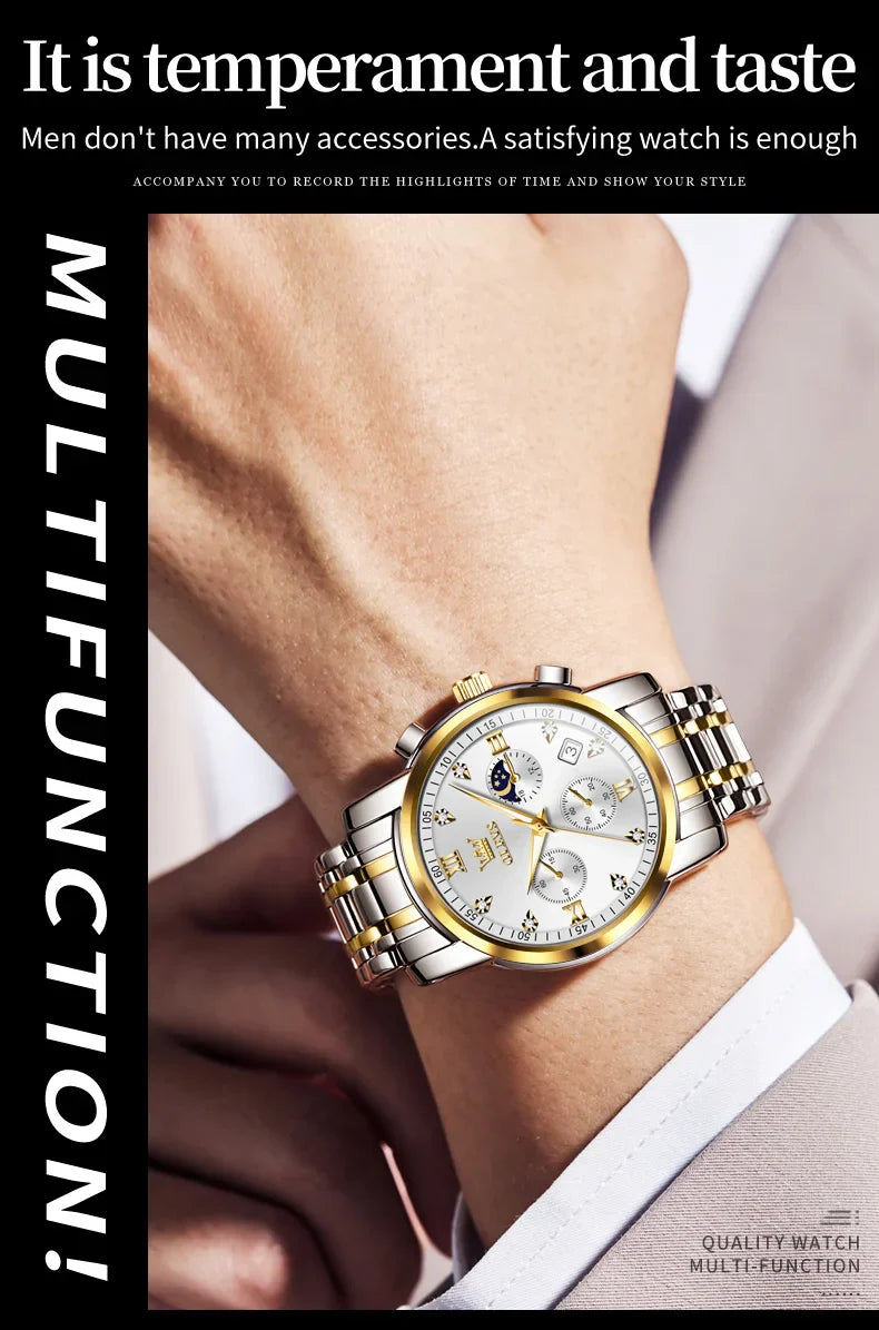 OLEVS 2858 Orologio da Uomo in Acciaio Inossidabile, Impermeabile, Antigraffio, con Fasi Lunari, Luminoso, Cronografo, Orologio da Polso al Quarzo di Lusso
