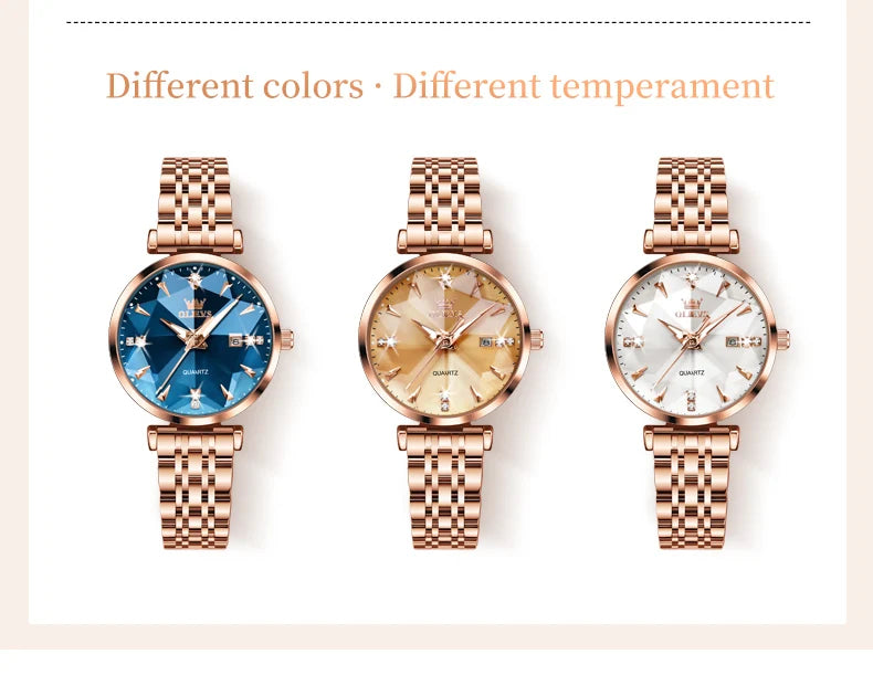 OLEVS 5536 Orologio da donna al quarzo con diamanti di marca di lusso Moda elegante orologio da donna impermeabile in oro rosa con bracciale Set Reloj Mujer