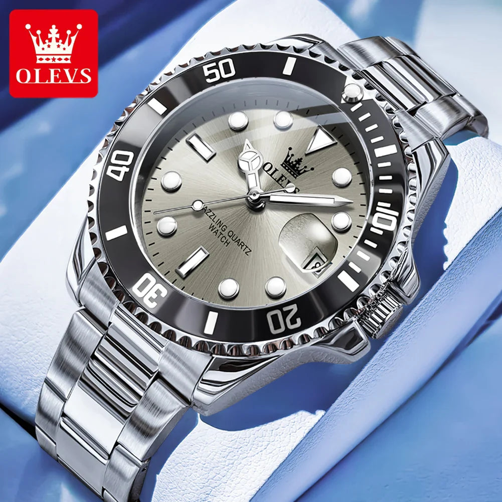 OLEVS Orologi da uomo Trend Luxury Cinturino in acciaio pregiato Grande data Orologio da polso al quarzo di marca originale per uomo Impermeabile luminoso 5885 Nuovo