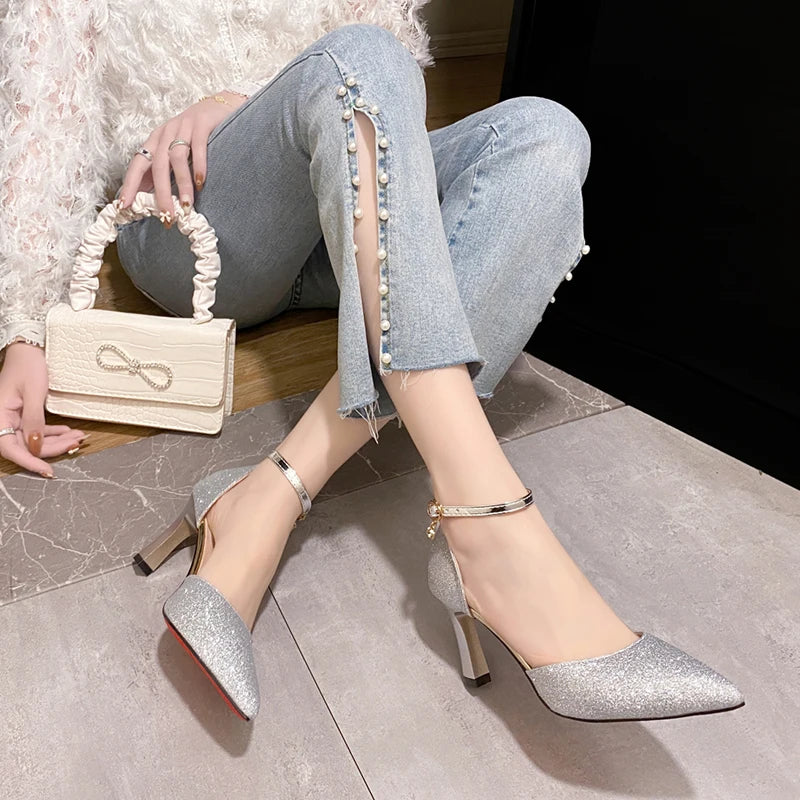 Bling Gold Silver Women Pumps 2023 Sexy Point Toe Thin Heel Party Wedding Shoes Womens Summer Ankle Strap 8cm High Heels Shoes