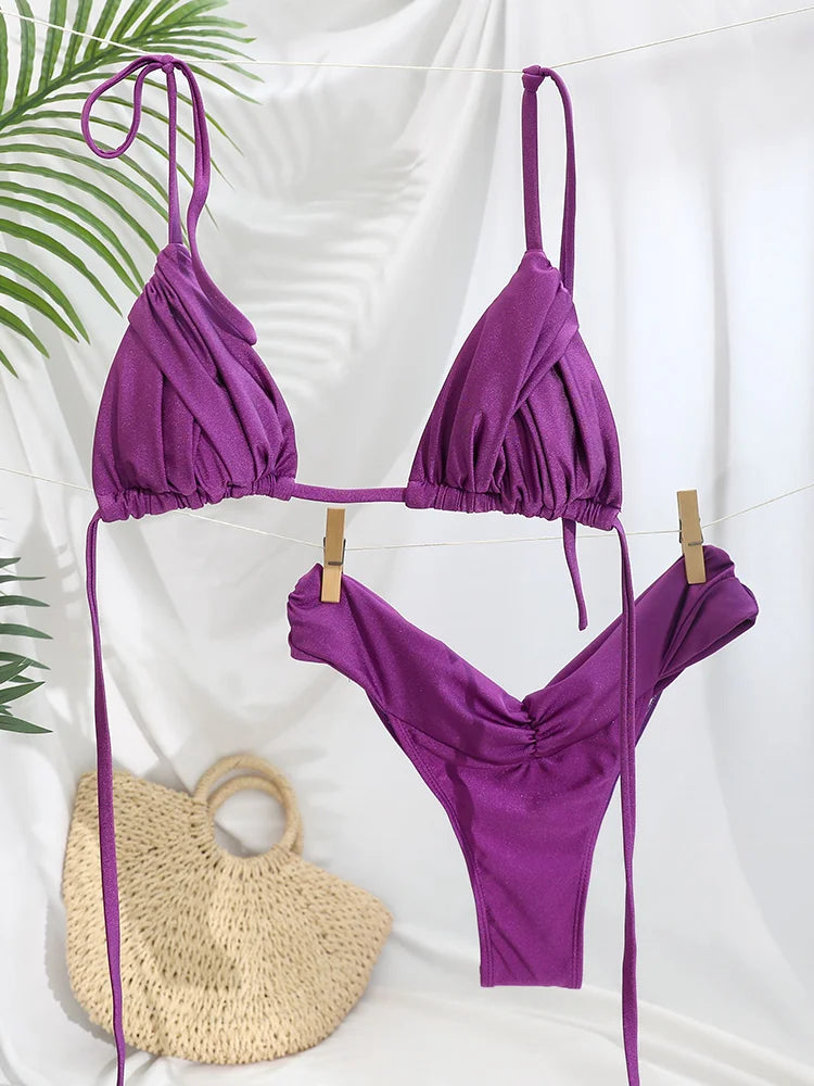 Set Bikini Sexy con Pieghe, Micro Bikini Tinta Unita, Costume da Bagno Femminile a Triangolo, Abbigliamento da Spiaggia