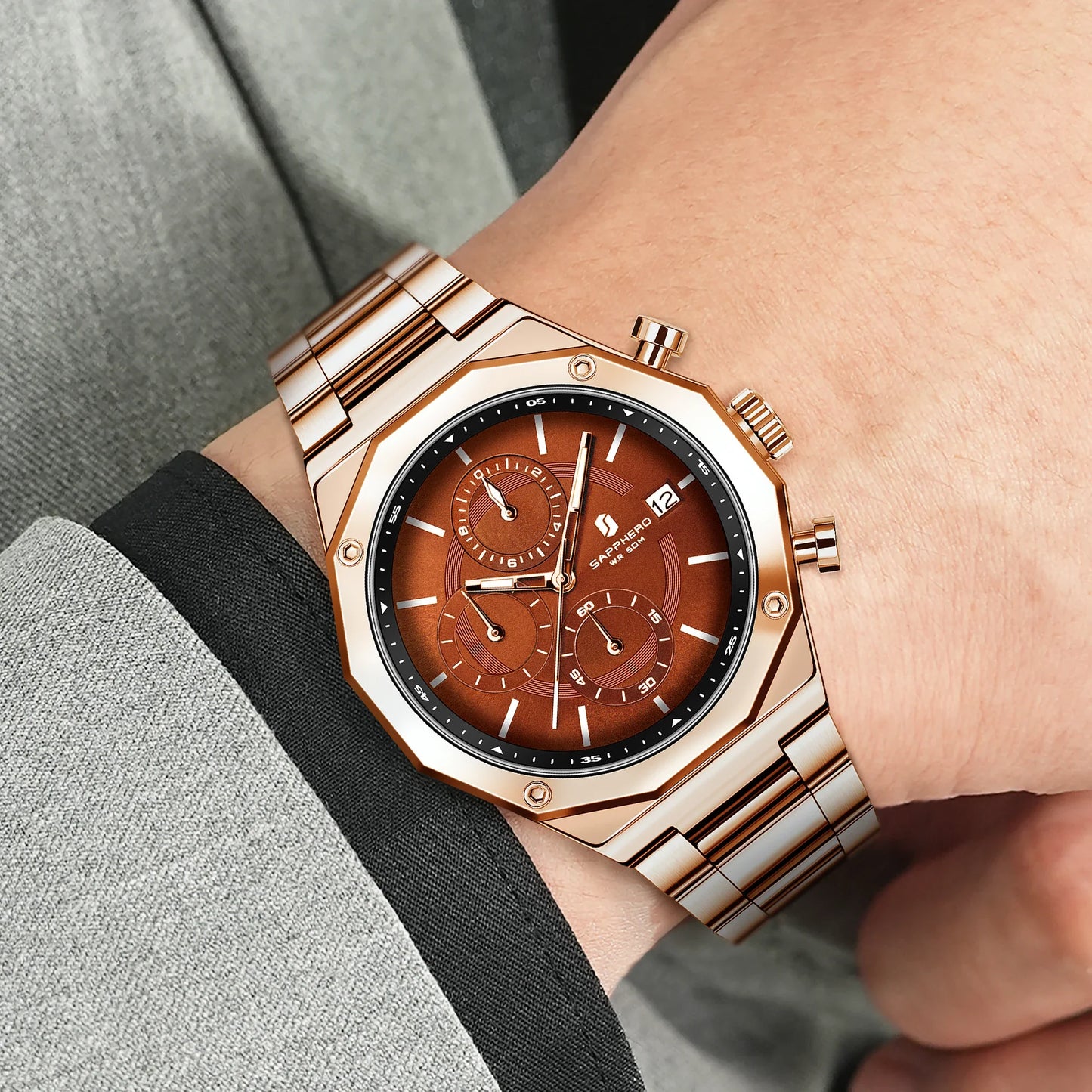 SAPHERO Orologio Cronografo Uomo al Quarzo 5ATM Impermeabile Acciaio Inox con Data, Regalo Perfetto per Padre, Marito, Fidanzato per Natale, Compleanno, San Valentino