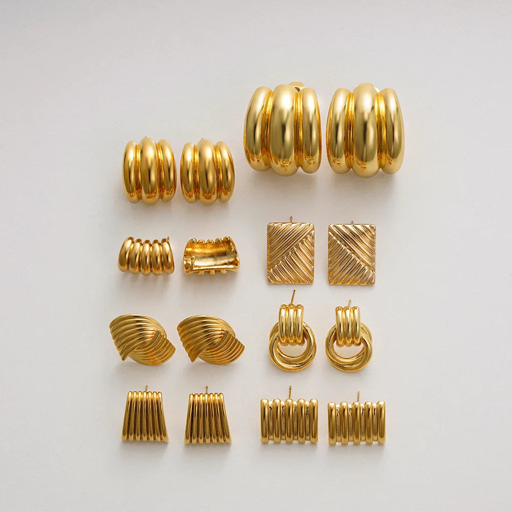 Orecchini a Perno Geometrici a Forma di C Multistrato Placcati in Oro 18K, Antiruggine, in Acciaio Inossidabile per Donne