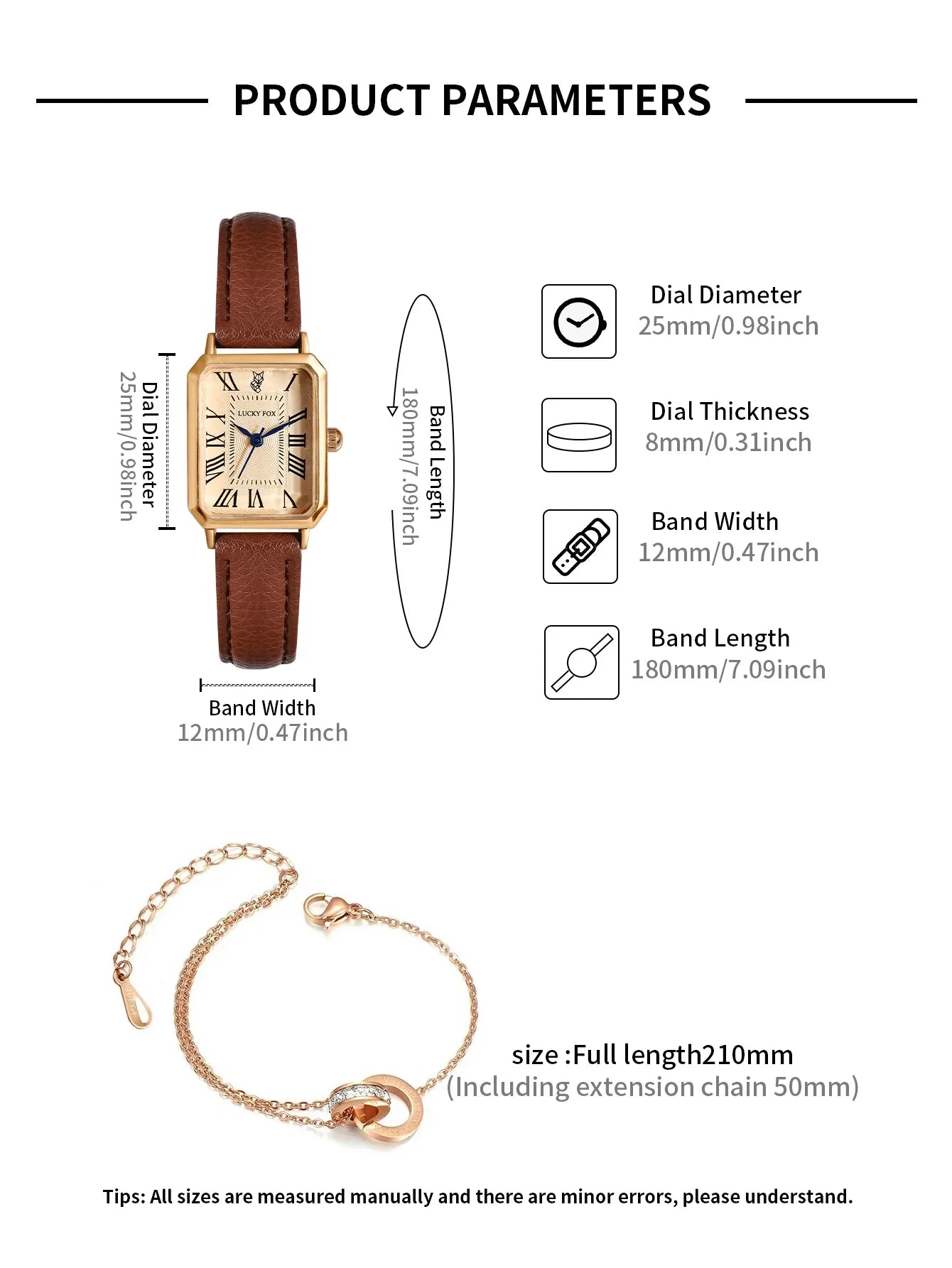 LUCKY FOX 2 pezzi confezione regalo di lusso leggera set braccialetto orologio orologio al quarzo quadrato da donna semplice e alla moda regalo del festival Reloj