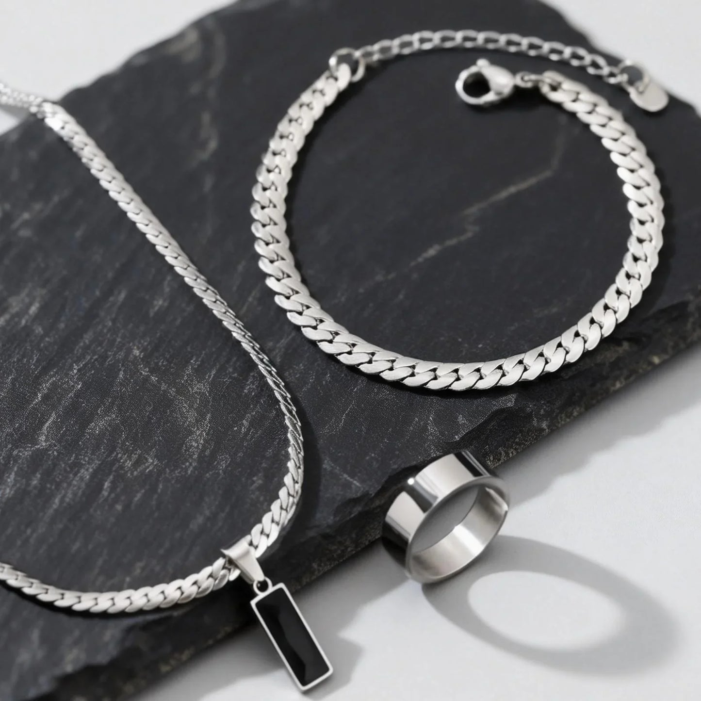 Elegante Set di Gioielli da Uomo con 3 Pezzi, Catena Cubana Piatta, Ciondolo Geometrico in Acciaio Inox con Pietra, Gioielli Hip Hop, Regalo per Lui