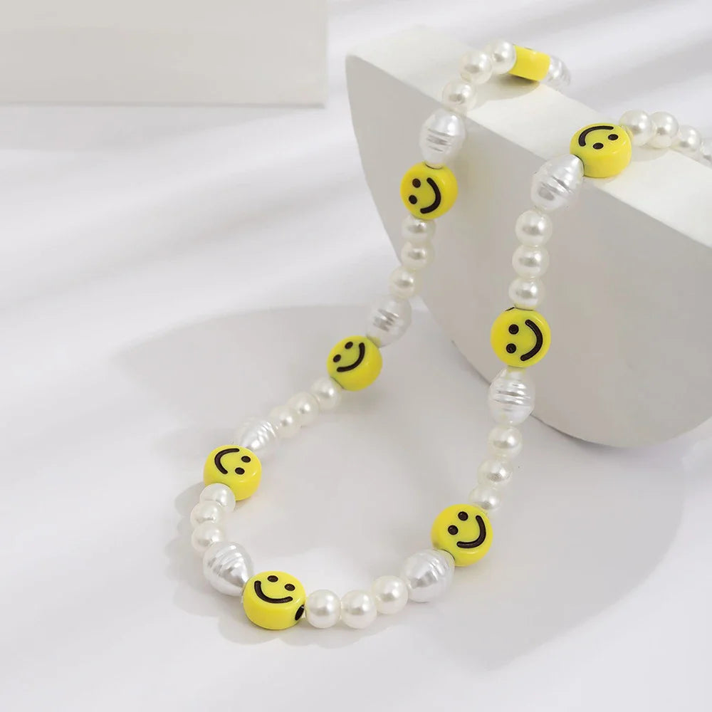 Bracciale con collana con volto sorridente di perle divertenti per donna Uomo Vitalità Sorriso colorato Accessori girocollo con perline Set di gioielli di moda
