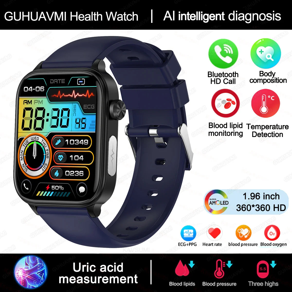 2025 Nuovo AI Diagnosi Lipidi nel sangue Acido urico Test di composizione corporea Smart Watch per uomo ECG + PPG Chiamata Bluetooth Salute Smartwatch