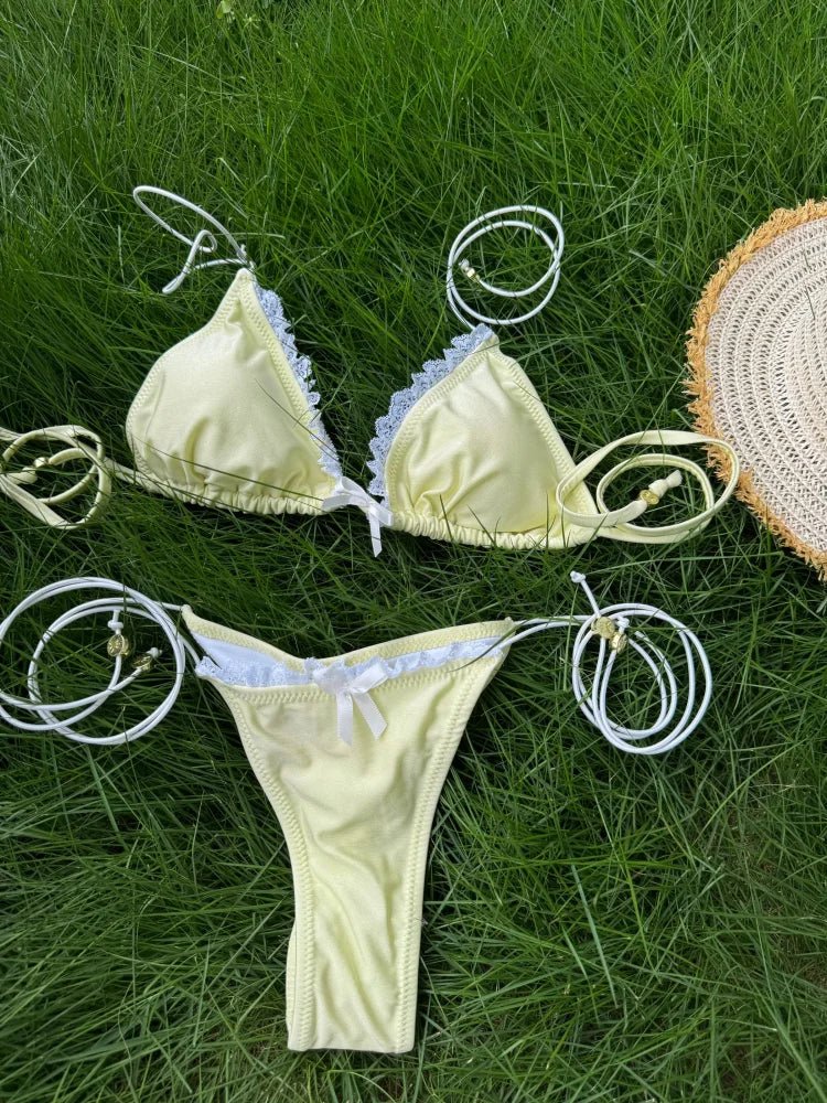 Set Bikini Triangolo Sexy Micro Thong, Costume da Bagno Donna, Biquini con Lacci, Abbigliamento da Spiaggia Stampato, Bikini Thong