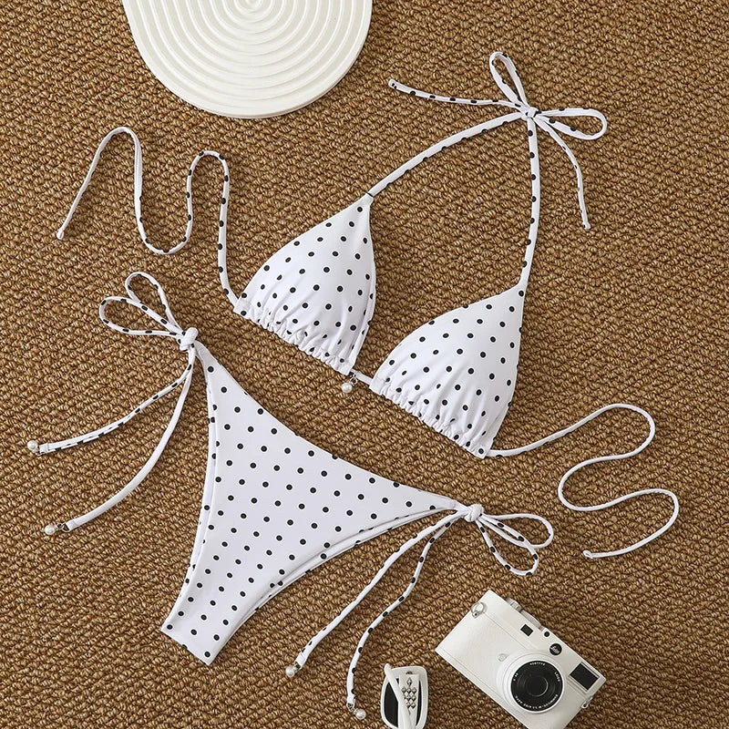 Bikini di Tendenza 2026, Costume da Bagno Sexy con Perle, Micro Bikini a Pois, Abbigliamento da Spiaggia per Donna
