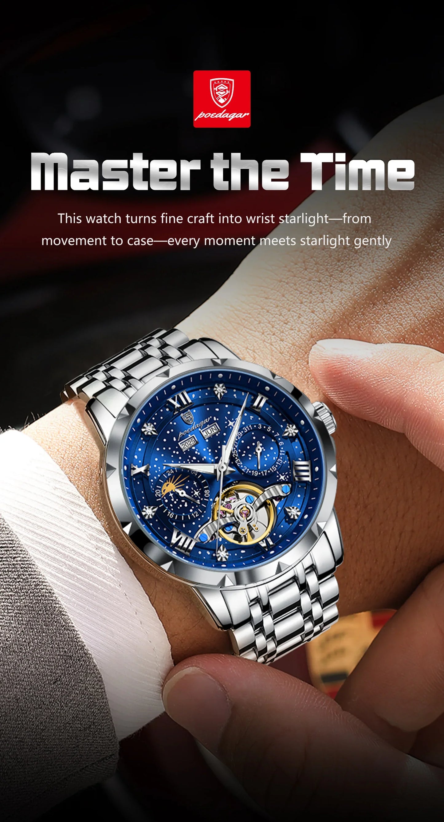 POEDAGAR Top Orologio da uomo originale Orologio meccanico automatico da uomo in acciaio inossidabile Calendario Hollow Tourbillon Orologio da uomo Maschio + scatola