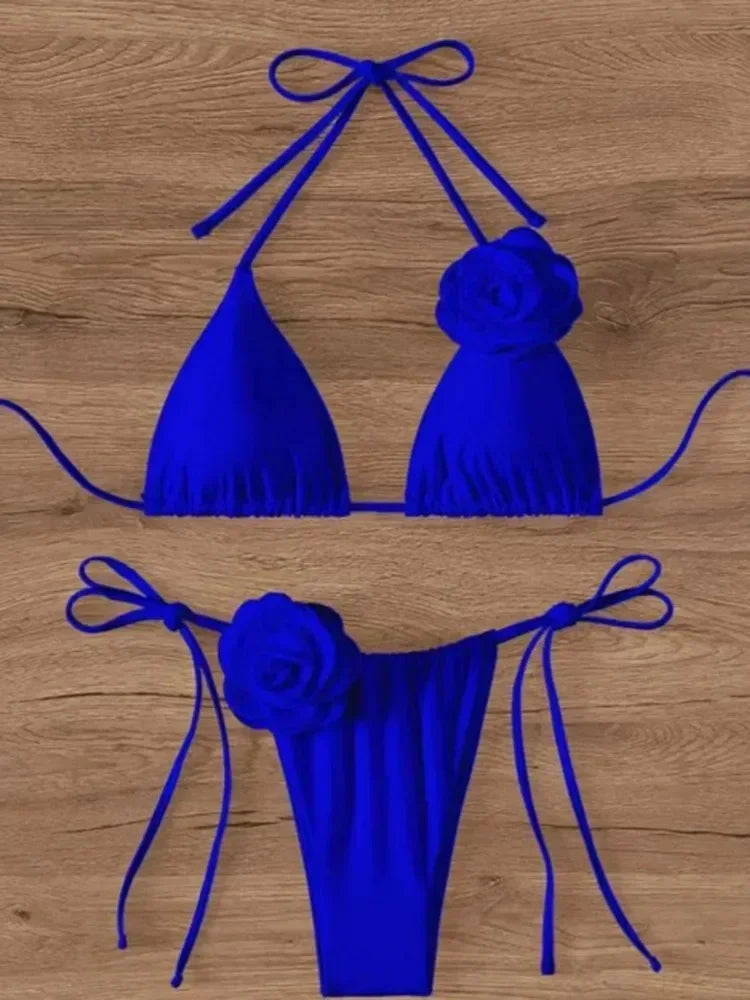 Costume da Bagno Sexy con Fiori e Fascia, Bikini a Perizoma 2025, Costumi da Bagno Donna con Lacci, Set Bikini Brasiliano, Biquini Mujer