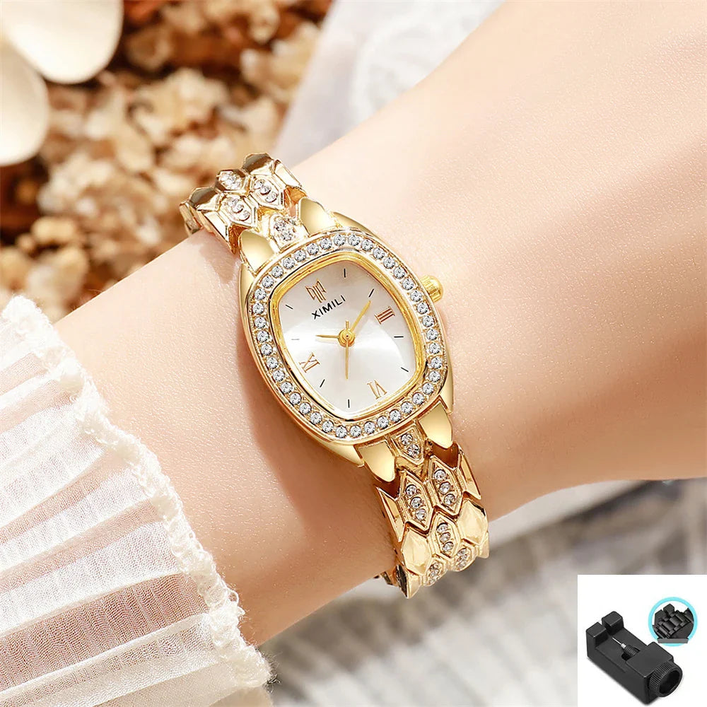 Orologio al quarzo moda donna placcato oro di lusso Semplice cinturino con fibbia di qualità per orologio da lavoro in acciaio inossidabile a forma di botte di Roma