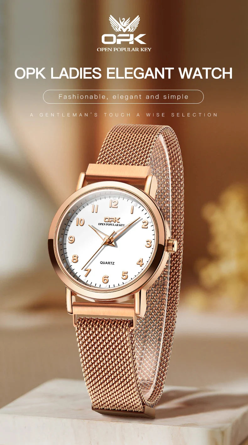 OPK 8115 Orologio da donna Orologio da polso al quarzo originale alla moda semplice Cinturino in maglia di acciaio inossidabile Orologio impermeabile per donna Reloj