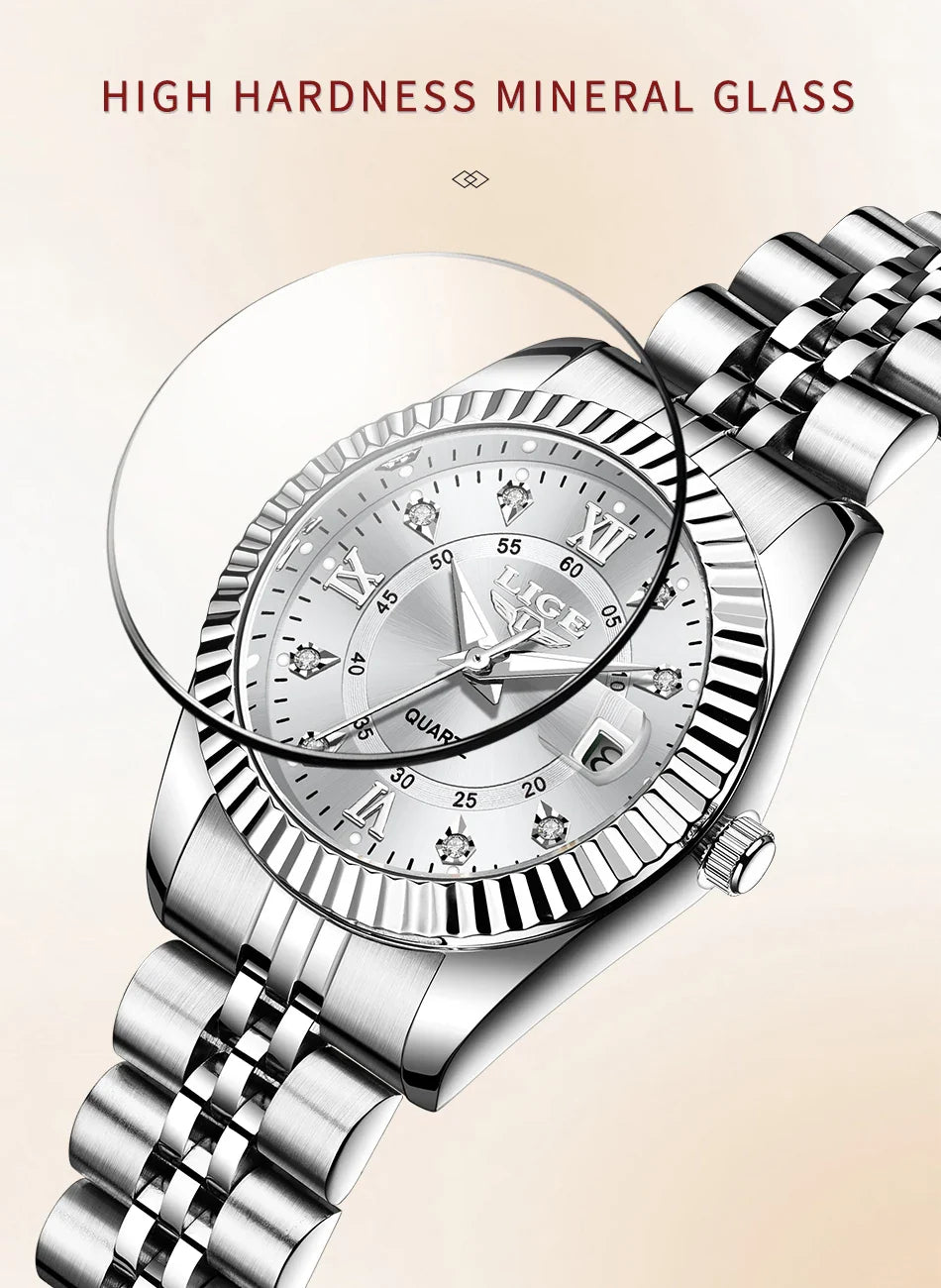 Orologio da Polso LIGE di Lusso con Strass per Donna, Cinturino in Acciaio Inossidabile, Movimento al Quarzo, Regalo, Reloj Mujer