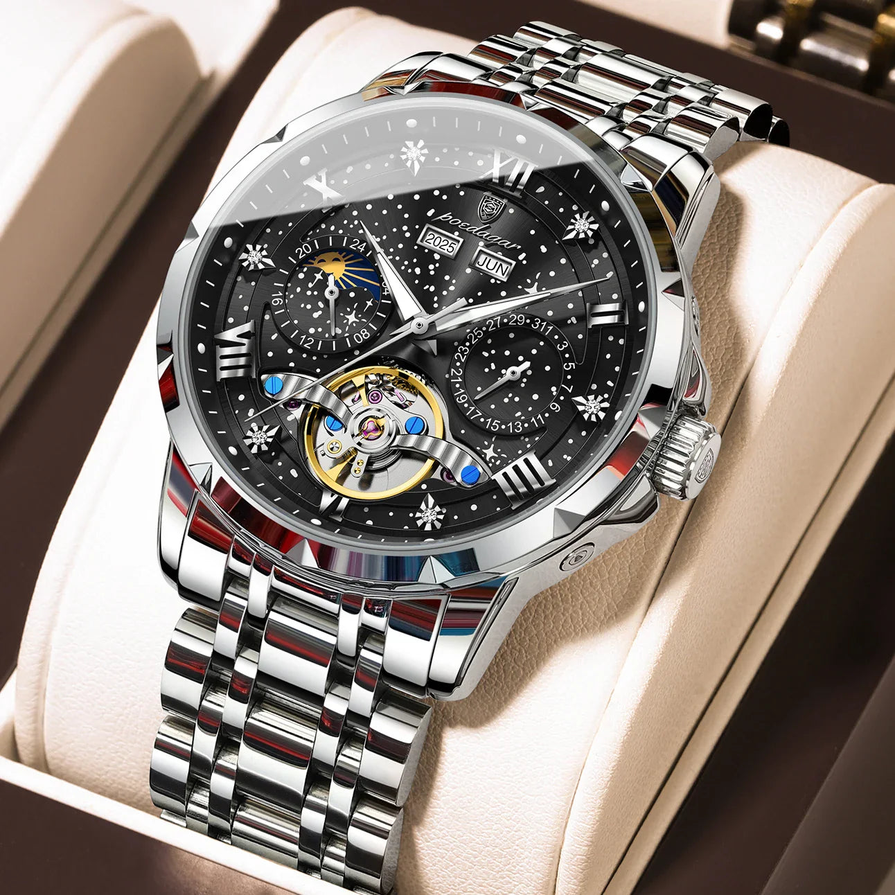 POEDAGAR Top Orologio da uomo originale Orologio meccanico automatico da uomo in acciaio inossidabile Calendario Hollow Tourbillon Orologio da uomo Maschio + scatola