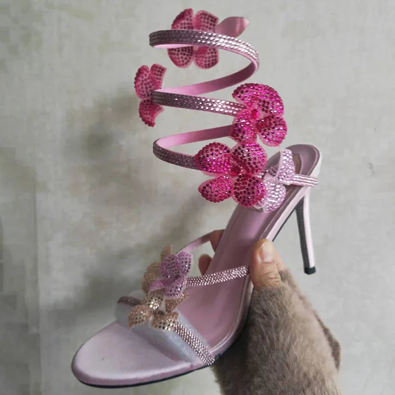 Aneikeh Elegant Pink Wedding Shoes CRYSTAL Bow High Heels Sandals Woman Summer Ankle Strap Thin High Heels Open Toed Party Shoes