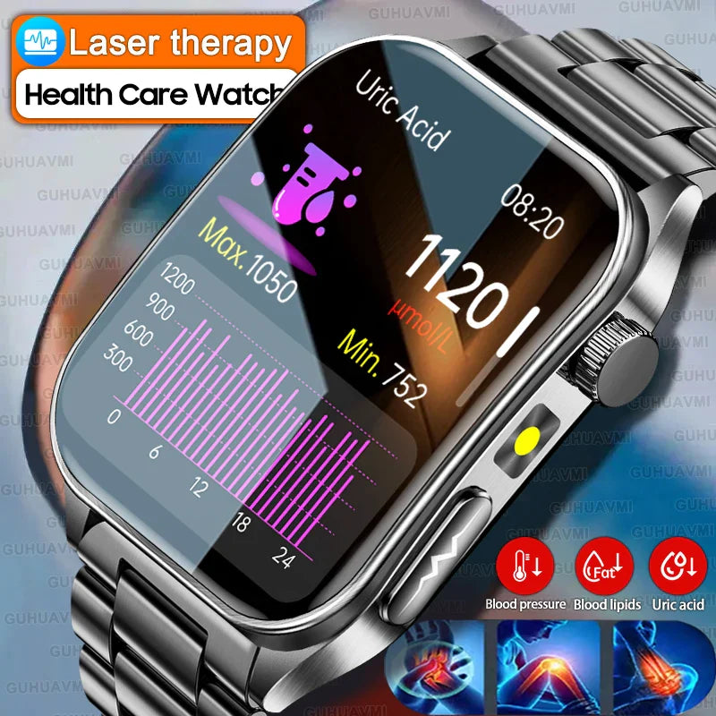 2025 Trattamento laser Tre Smartwatch alti 1.95 "Schermo curvo in zaffiro ECG + PPG Grasso nel sangue Acido urico Diagnosi salute Smartwatch