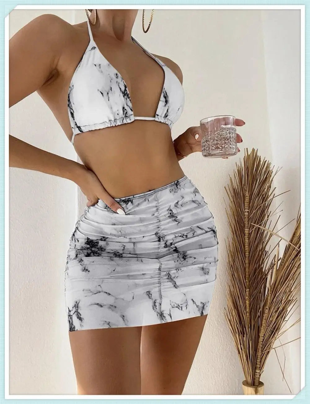 3 pezzi perizoma Bikini con gonna marmo texture costume da bagno donna costume da bagno Set costumi da bagno femminili abbigliamento da spiaggia nuoto estate