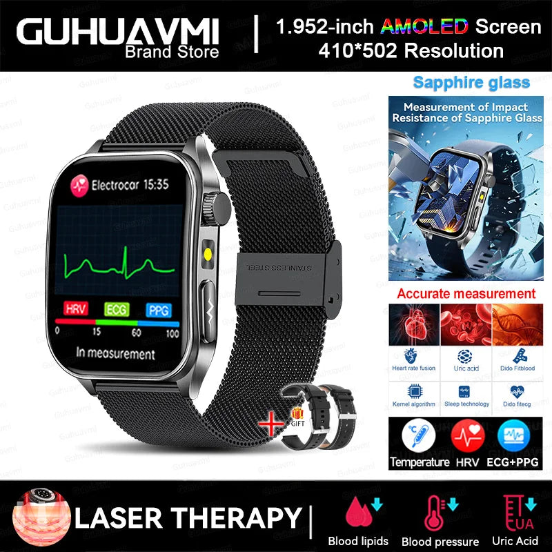 2025 Trattamento laser Tre Smartwatch alti 1.95 "Schermo curvo in zaffiro ECG + PPG Grasso nel sangue Acido urico Diagnosi salute Smartwatch
