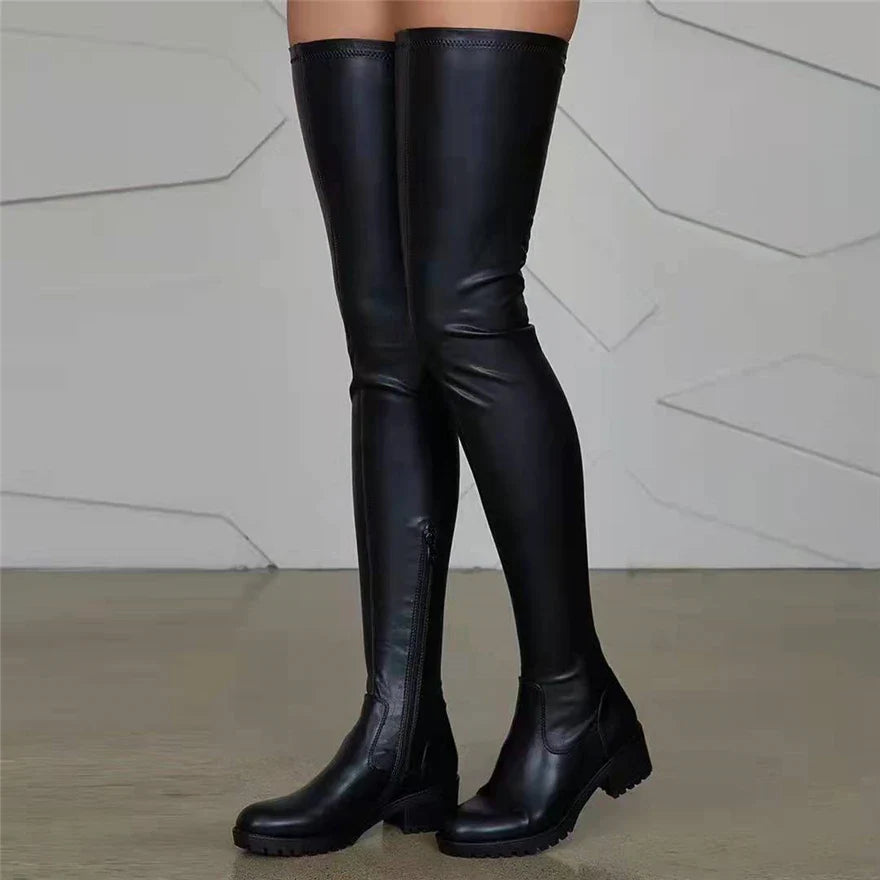 2025 Winter Over the Knee Women Boots European Platform Zipper Ladies Shoes Comfort Square High Heels Elastic Leather Long Boots