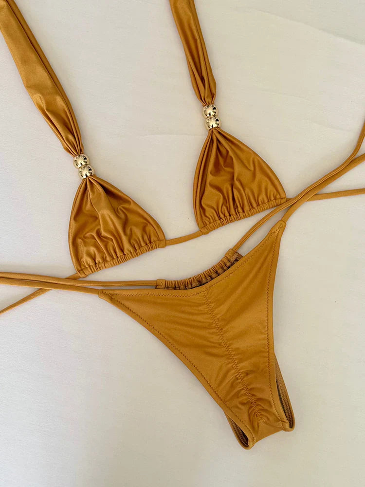 2025New Sexy a vita bassa Micro Bikini Set Costumi da bagno Donna Costume da bagno Solido brasiliano con spalline Halter Beachwear Costume da bagno biquini