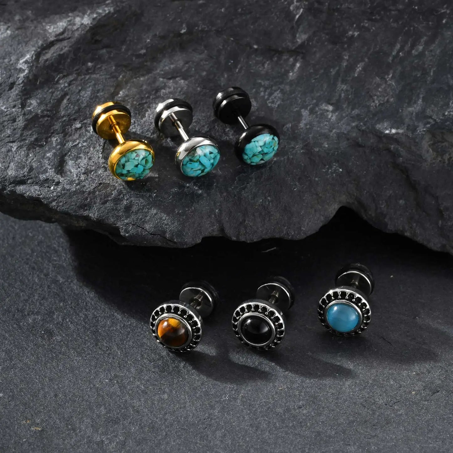 Nuovi piccoli orecchini rotondi da uomo in pietra naturale, semplici orecchini a bottone in metallo in acciaio inossidabile, regalo di gioielli cool hip hop