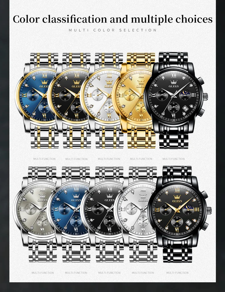OLEVS 2858 Orologio da Uomo in Acciaio Inossidabile, Impermeabile, Antigraffio, con Fasi Lunari, Luminoso, Cronografo, Orologio da Polso al Quarzo di Lusso