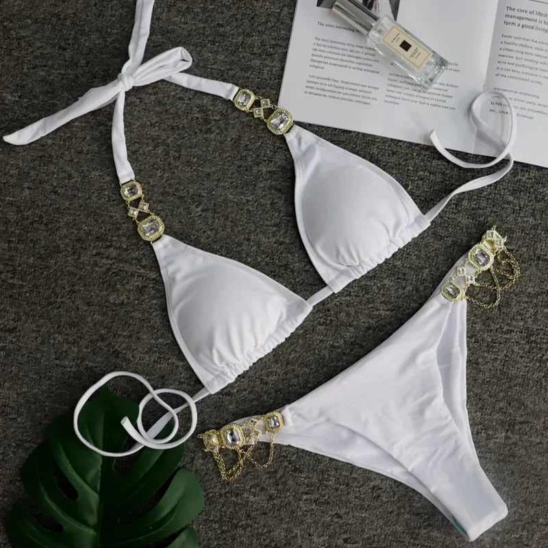 Catene di metallo con scollo all'americana Strass Diamante Bikini Costume da bagno donna Costumi da bagno femminili Due pezzi Bikini set Costume da bagno brasiliano Swim