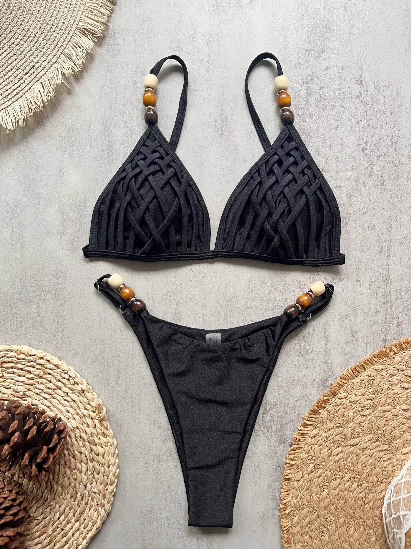 Sexy marrone bikini set 2026 donne perle cinturino foro fuori reggiseno push up perizoma costume da bagno brasiliano spiaggia costume da bagno micro costumi da bagno