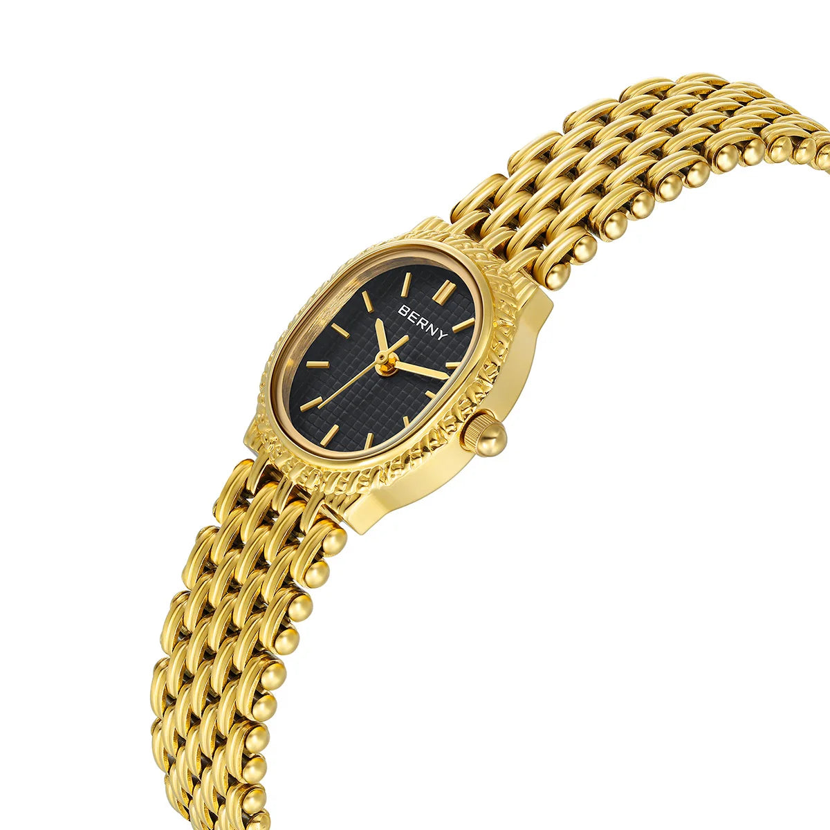 BERNY Orologio al quarzo da donna Cinturino in acciaio inossidabile dorato Orologio da polso ellittico di lusso Orologio da donna semplice retrò impermeabile