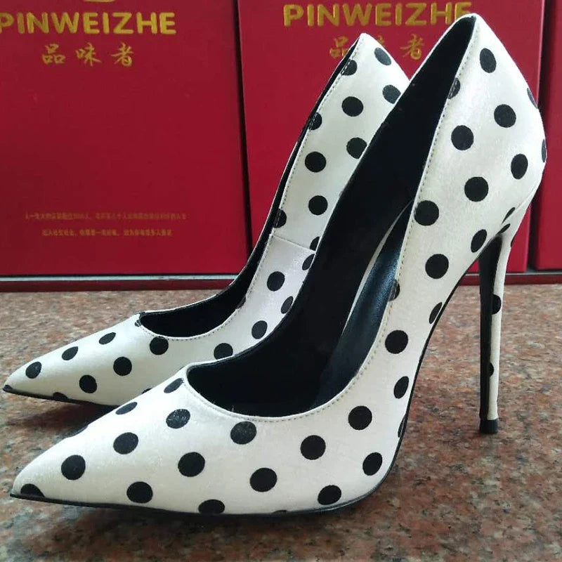 New round polka dot silk high heels with pointed toe, shallow mouth, thin heel 12cm Sexy French Girl Single Shoes