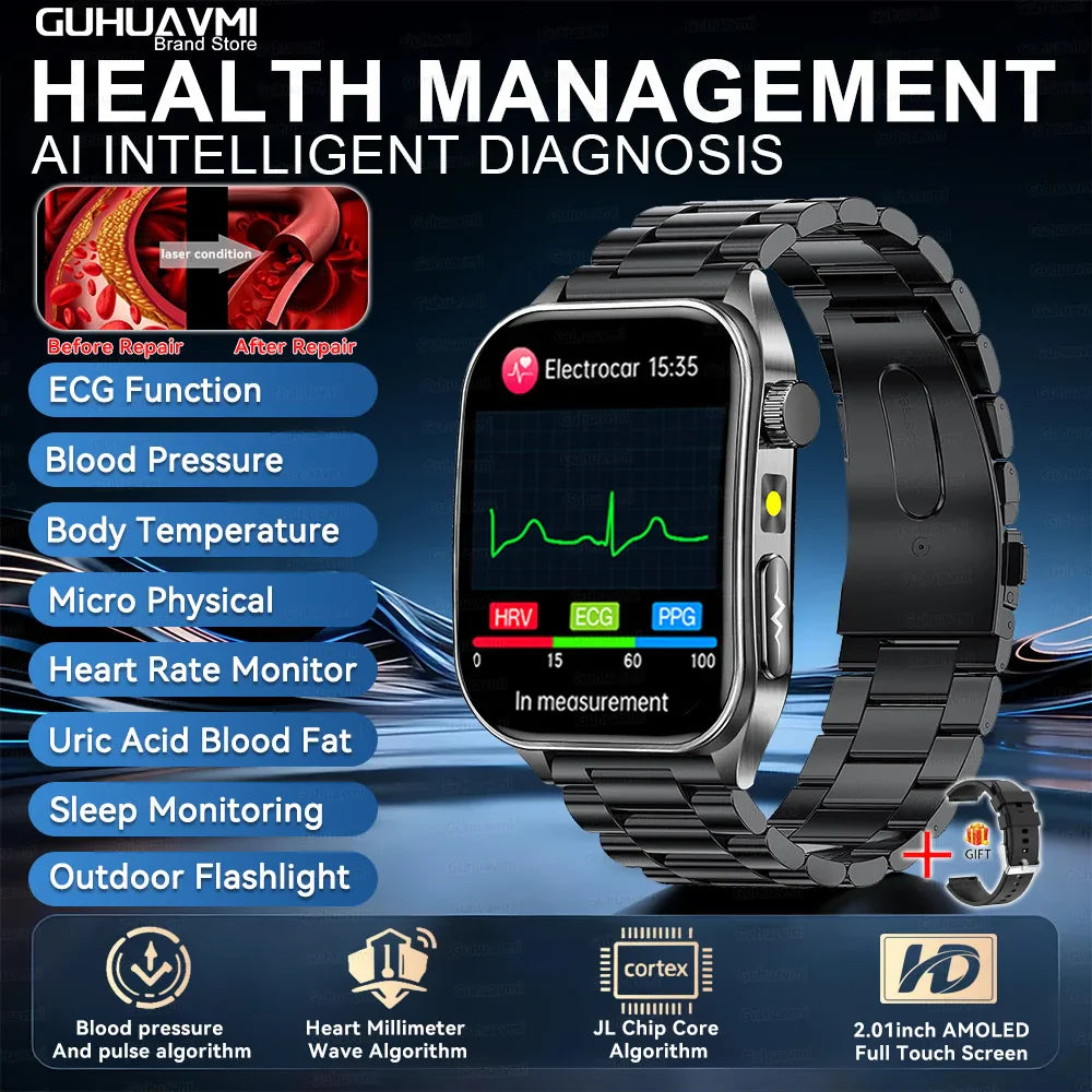 2026 Nuovo 650nm Terapia Laser Grassi nel sangue Acido urico Pressione sanguigna Smart Watch ECG + PPG Preciso Monitor di salute Smartwatch per gli uomini