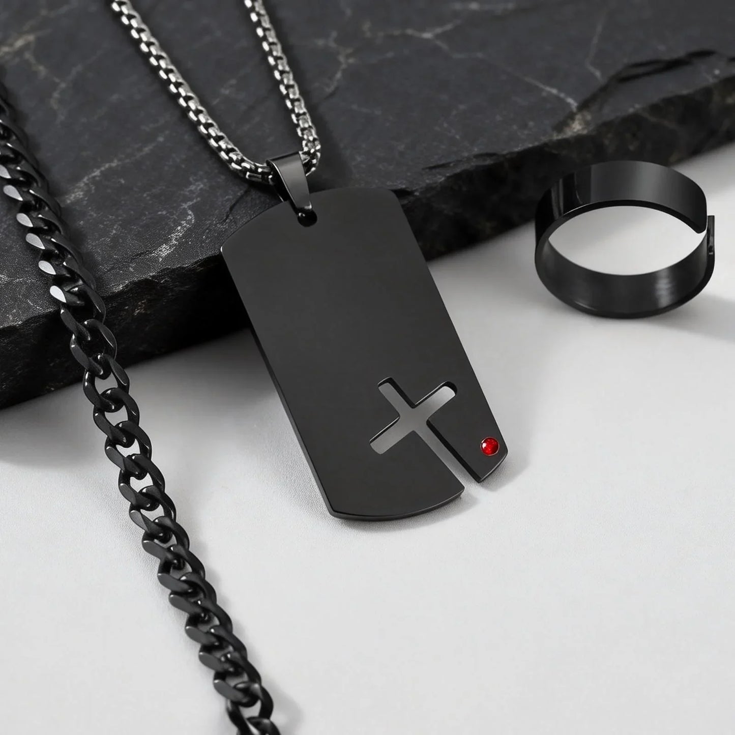 Set di 3 Pezzi: Collana Dogtag per Uomini e Ragazzi, Bracciale con Catena Cubana in Acciaio Inossidabile, Set di Anelli Impermeabili Regalo