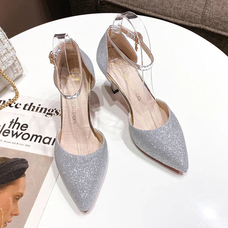 Bling Gold Silver Women Pumps 2023 Sexy Point Toe Thin Heel Party Wedding Shoes Womens Summer Ankle Strap 8cm High Heels Shoes