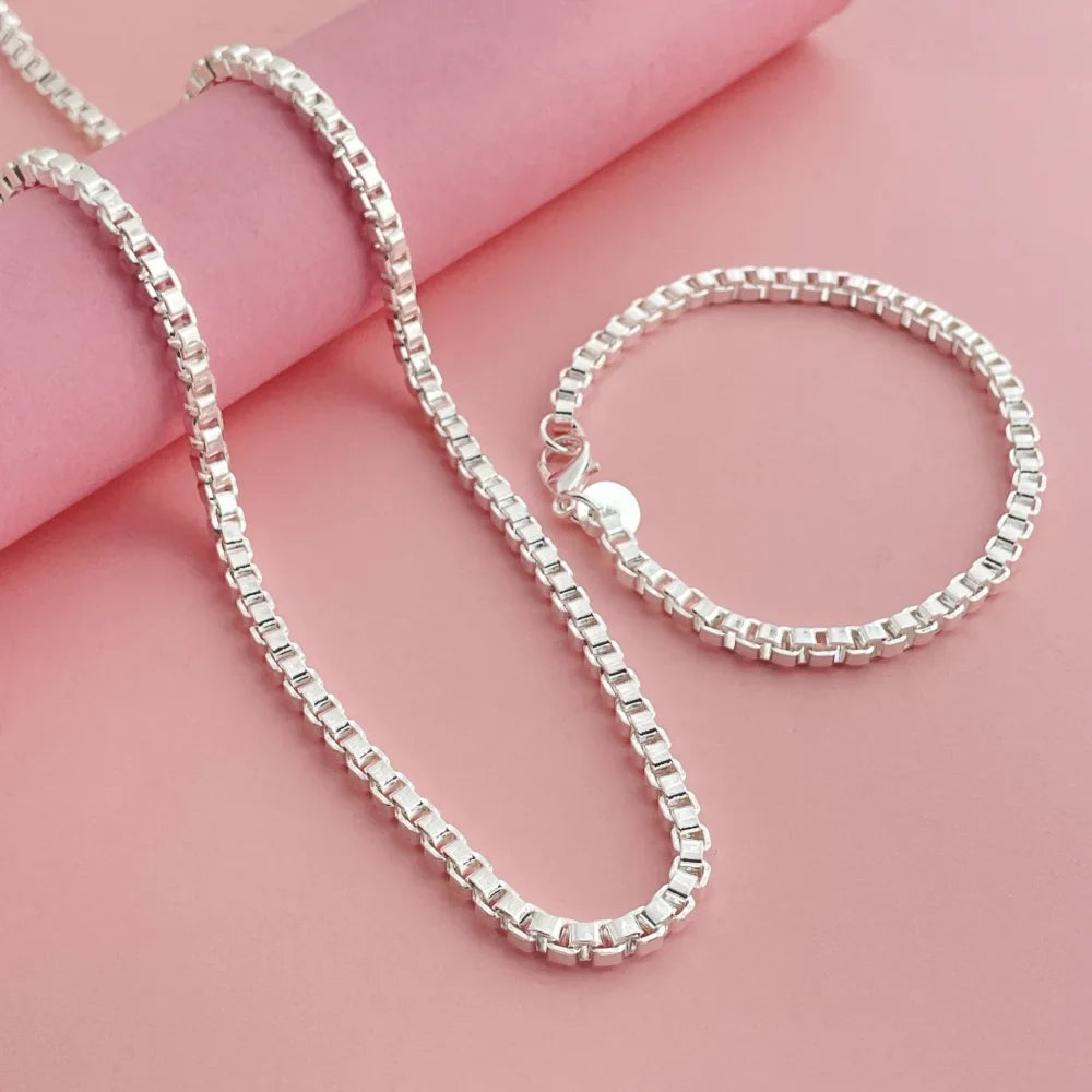Andara Set di collana e bracciale a catena quadrata in argento sterling 925 da 4 mm per gioielli da festa per uomini e donne
