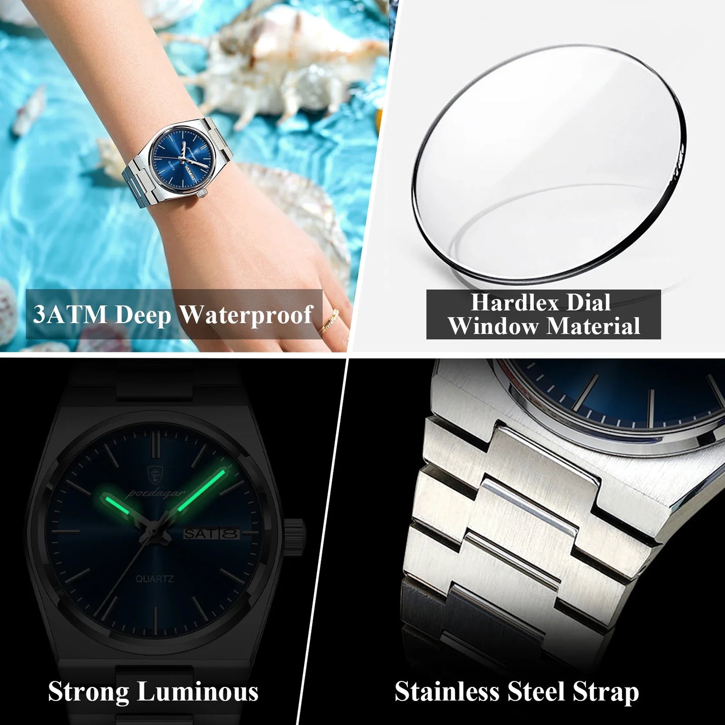 POEDAGAR Top squisito orologio da polso da donna impermeabile al quarzo luminoso orologio da donna casual data settimana orologi da donna in acciaio inossidabile