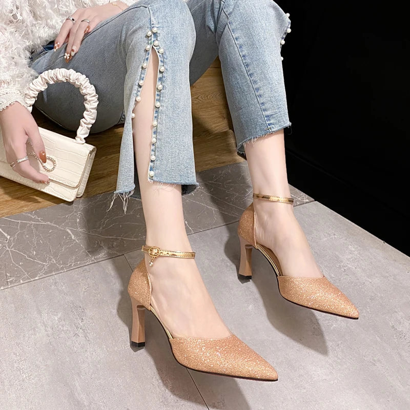 Bling Gold Silver Women Pumps 2023 Sexy Point Toe Thin Heel Party Wedding Shoes Womens Summer Ankle Strap 8cm High Heels Shoes