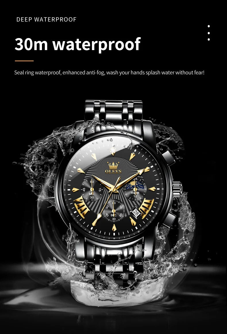 OLEVS Orologi al quarzo da uomo Orologi di marca in acciaio inossidabile Orologio sportivo impermeabile per uomo Cronografo con fasi lunari