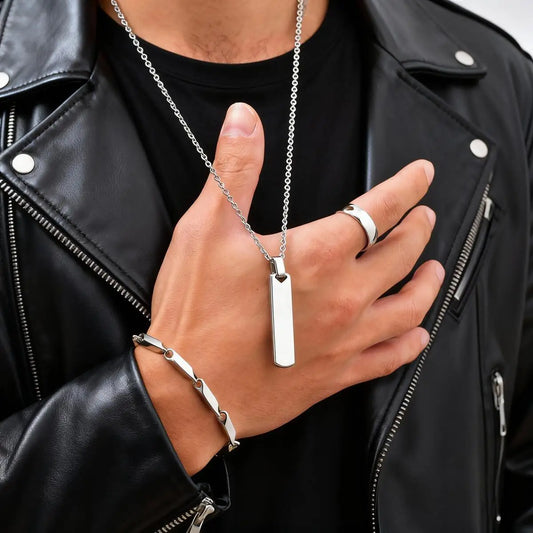 Set di 3 Collane con Barra Verticale per Uomo, Collana con Ciondolo in Acciaio Inossidabile Stile Hip Hop, Set di Gioielli alla Moda Regalo per Lui